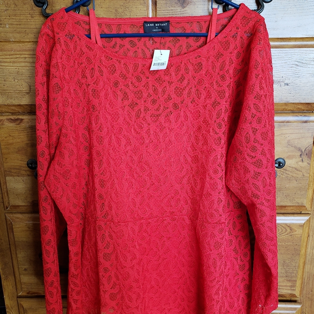 LANE BRYANT Red Long sleeve Allover Lace Peplum Waist Top w/ Camisole Sz 16